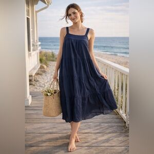 Boho Festival Tiered Prairie Crochet Sundress womens sz 2XL Navy Chambray Summer